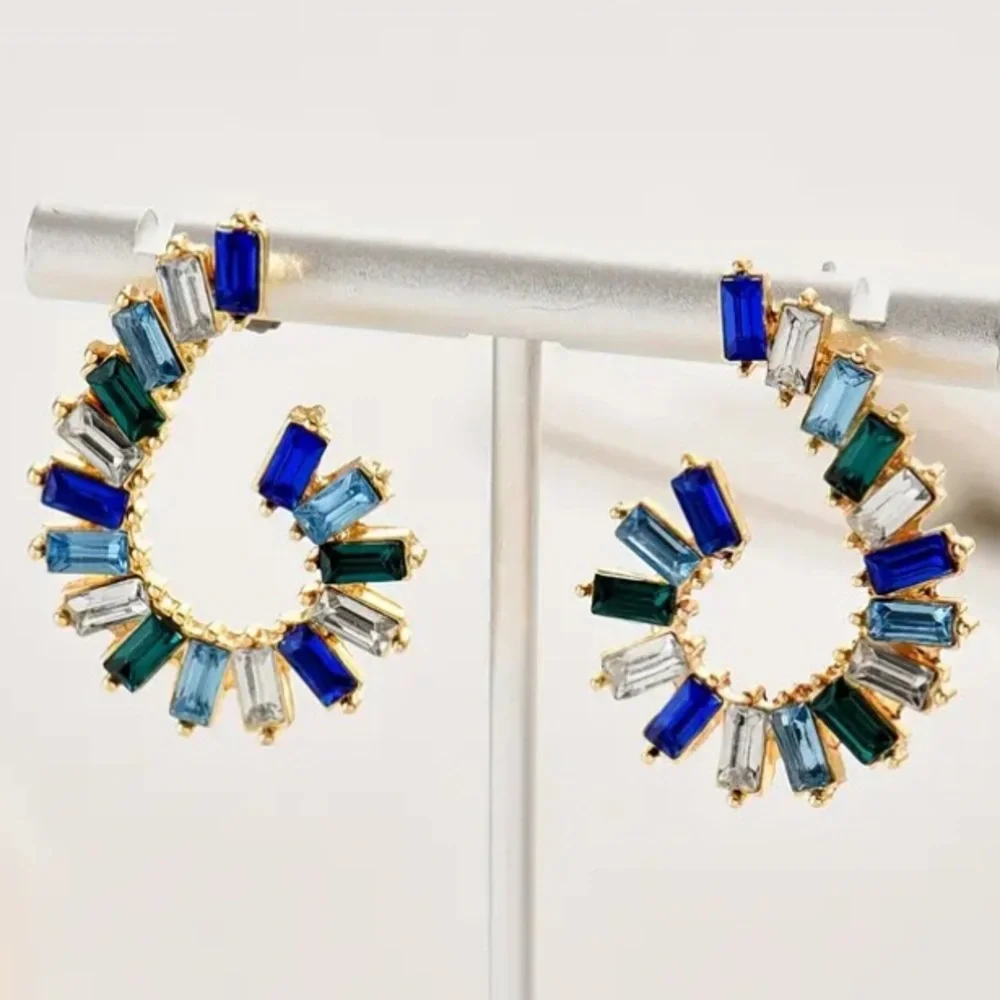 Swirl Blue Green Crystal Gold Toned Stud Earrings - Picture 4 of 4